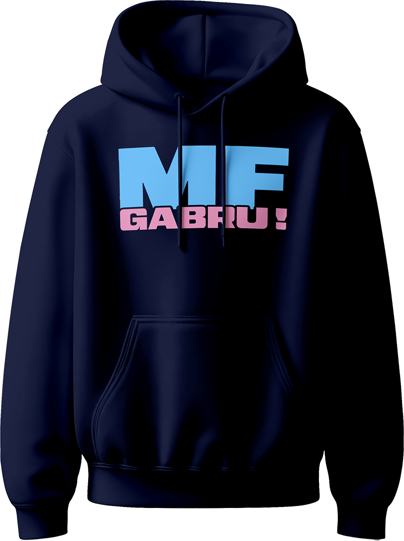 unisex hoodie with bold sky-blue ‘MF’ and pink ‘GABRU!’ typography inspired by Karan Aujla.