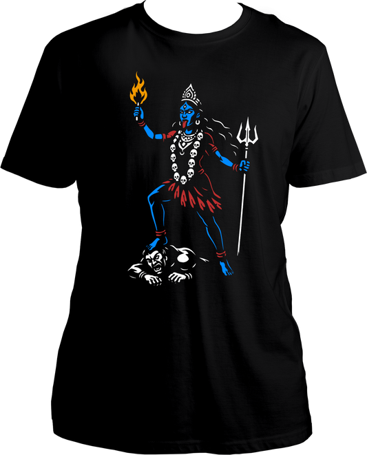 Black unisex cotton t-shirt featuring Goddess Kali Maa holding flame and trishul standing over evil — symbol of divine fire and strength – Garrari Brand.