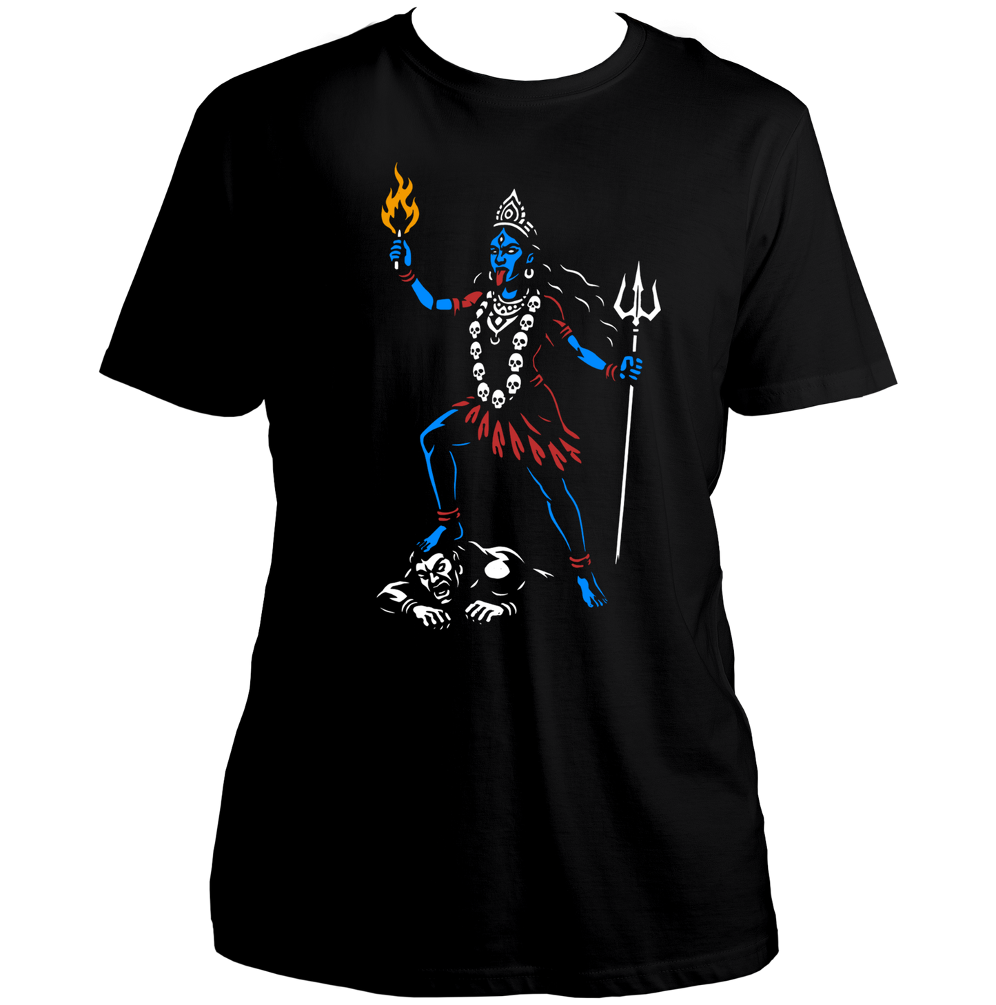 Black Agni Shakti Kali Maa T-shirt with flame, trishul, and skull garland artwork by Garrari