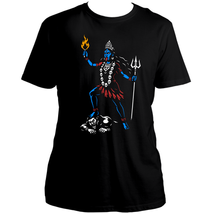 Black Agni Shakti Kali Maa T-shirt with flame, trishul, and skull garland artwork by Garrari