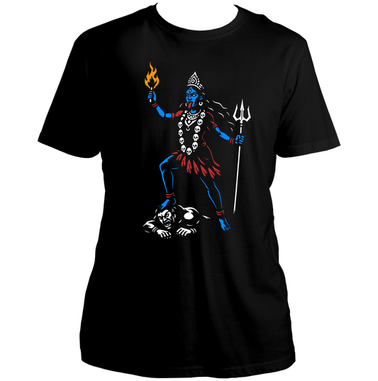 Black Agni Shakti Kali Maa T-shirt with flame, trishul, and skull garland artwork by Garrari