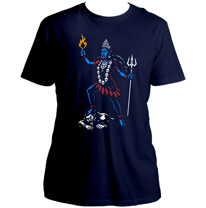 Navy Blue Agni Shakti Kali Maa T-shirt with devotional Kali Maa artwork and flame by Garrari