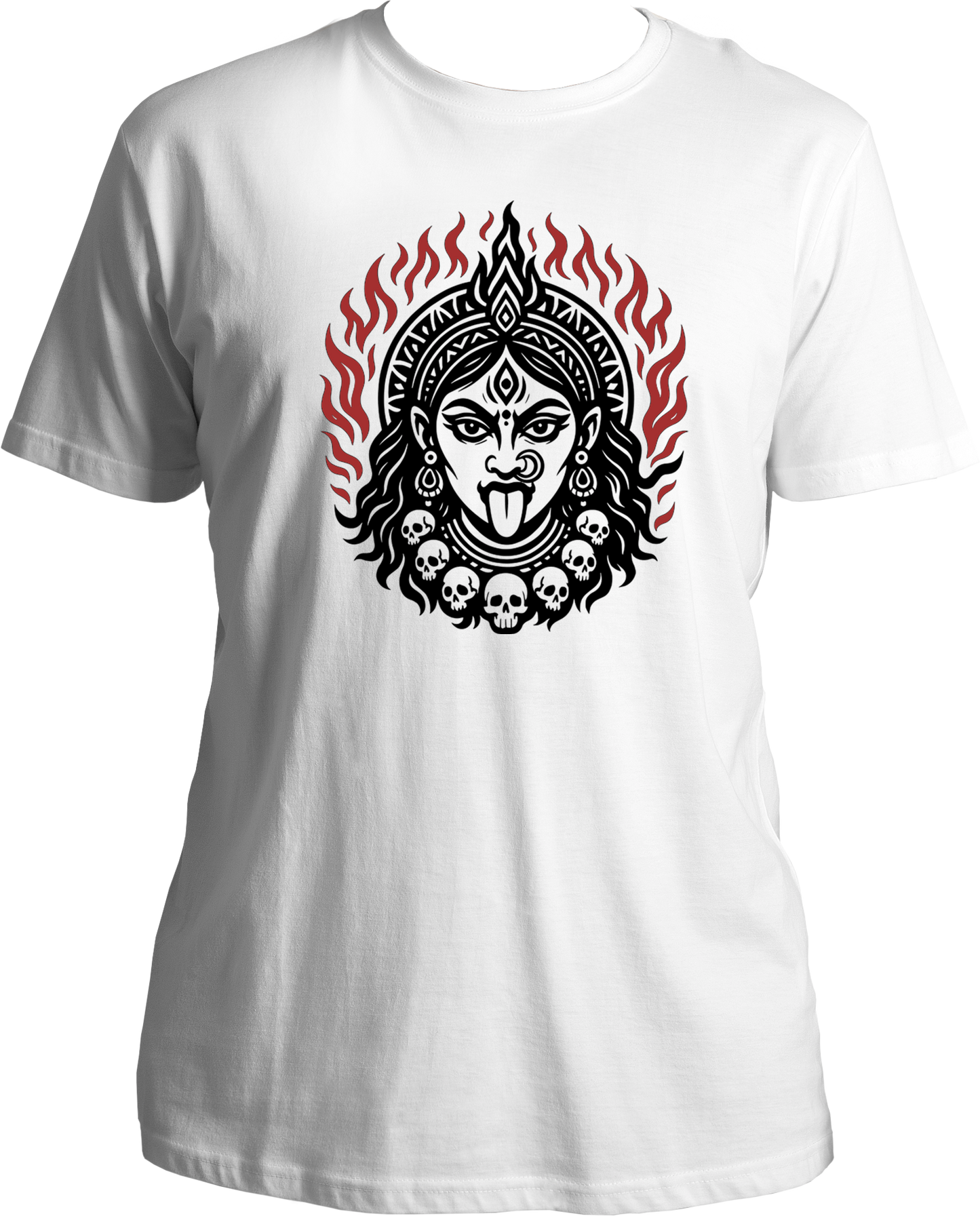 White unisex cotton t-shirt featuring Goddess Kali Maa face with sacred flames and skull garland — symbol of divine light and strength – Garrari Brand.