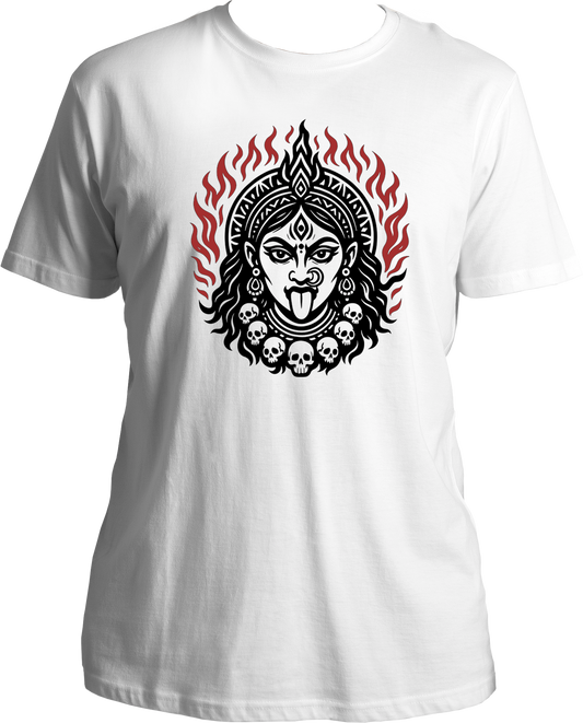 White unisex cotton t-shirt featuring Goddess Kali Maa face with sacred flames and skull garland — symbol of divine light and strength – Garrari Brand.