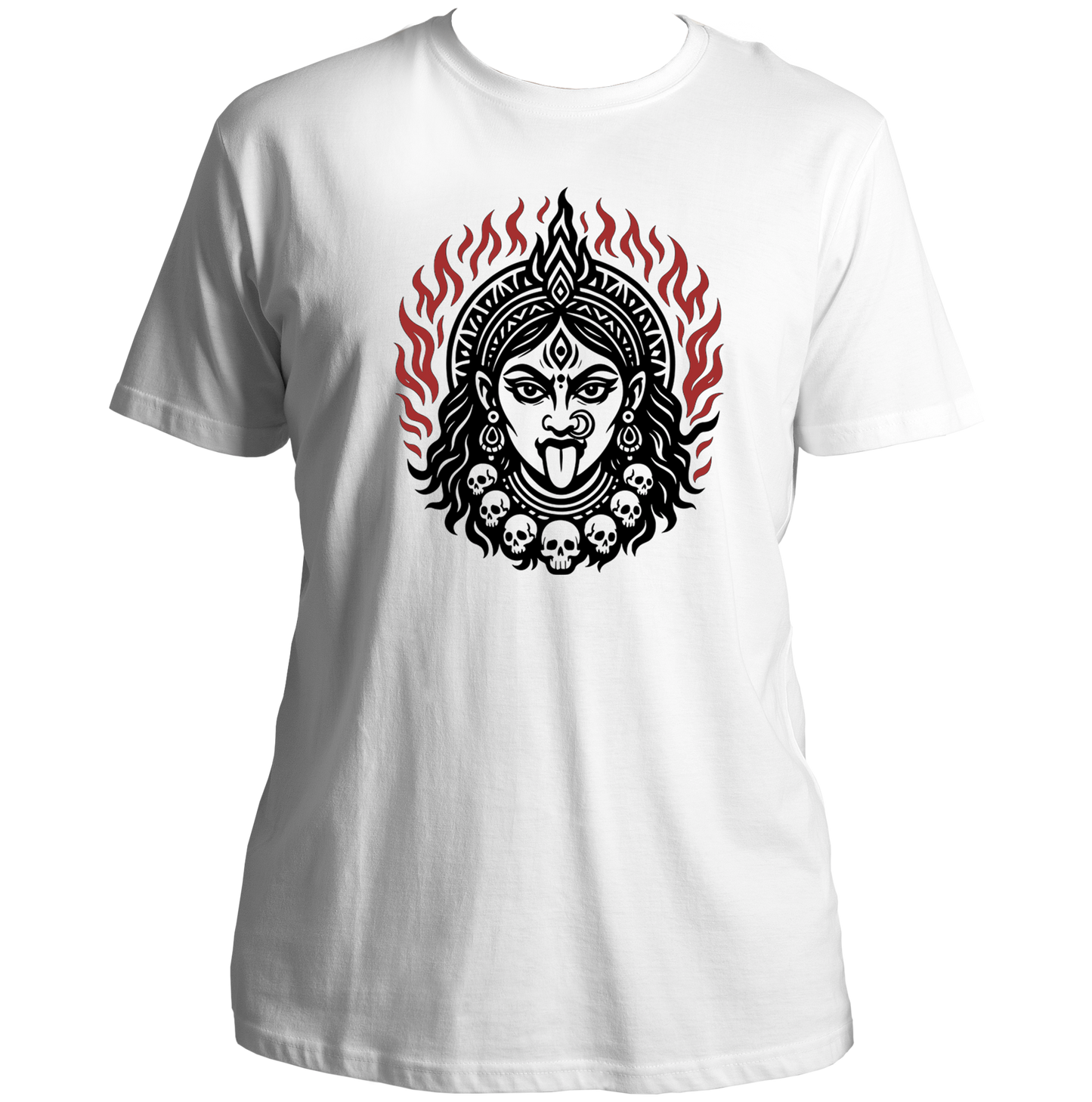 White Jyoti Roop Kali Maa T-shirt with sacred flames and skull garland artwork by Garrari