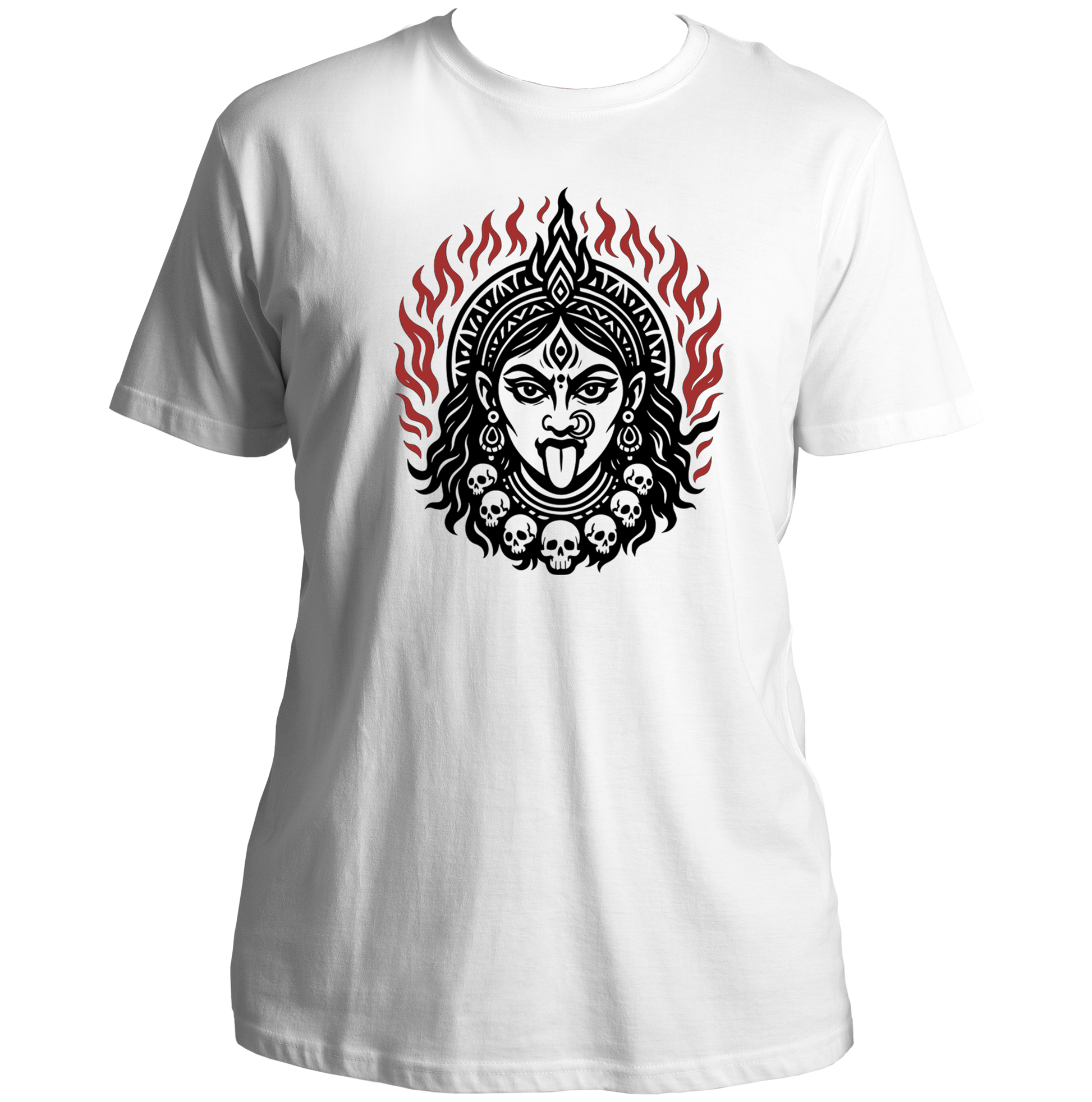 White Jyoti Roop Kali Maa T-shirt with sacred flames and skull garland artwork by Garrari