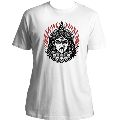 White Jyoti Roop Kali Maa T-shirt with sacred flames and skull garland artwork by Garrari