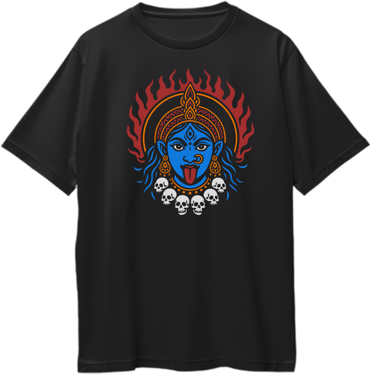 Black oversized unisex t-shirt featuring blue-faced Goddess Kali Maa surrounded by red flames and skull garland – symbol of divine fire and transformation – Garrari Brand.