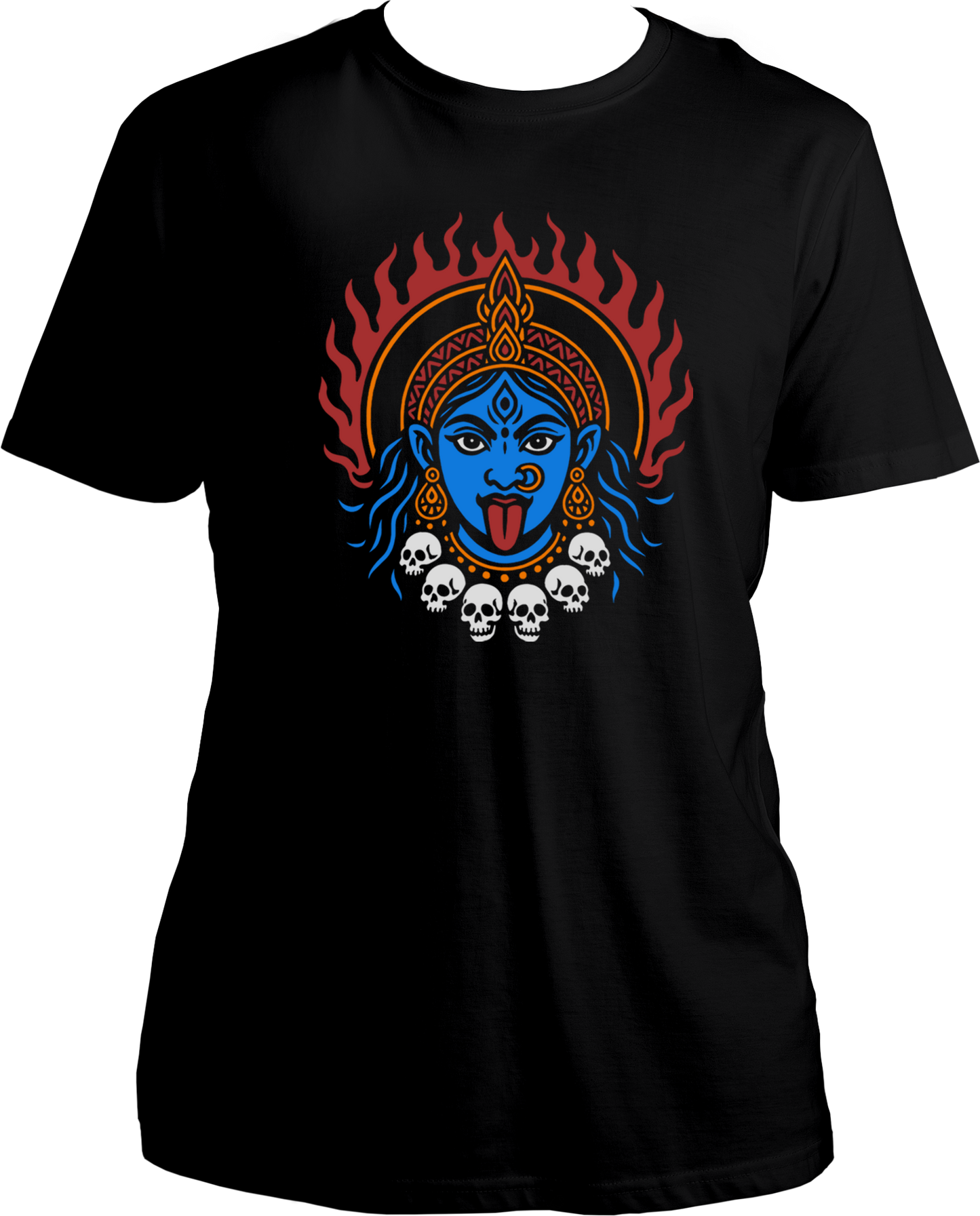 Black unisex cotton t-shirt featuring Goddess Kali Maa with blue face, red flames, and skull garland — symbol of divine fire and transformation – Garrari Brand.