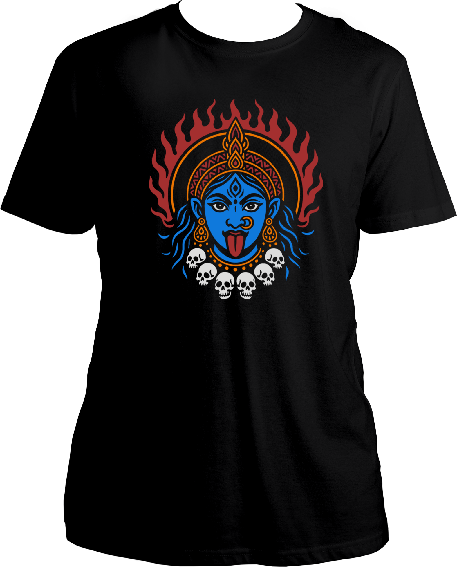 Black unisex cotton t-shirt featuring Goddess Kali Maa with blue face, red flames, and skull garland — symbol of divine fire and transformation – Garrari Brand.