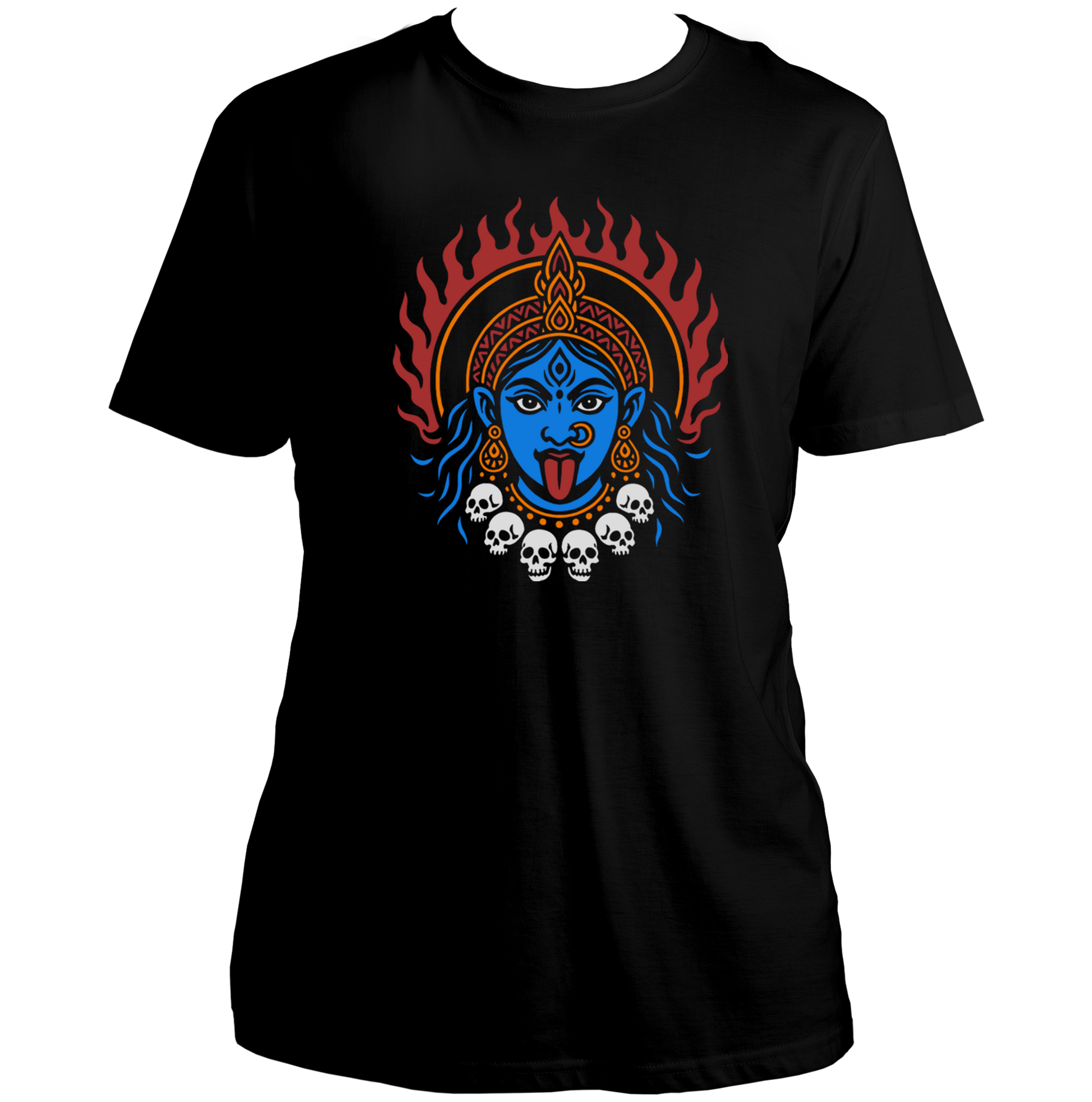 Black Rudra Roop Kali Maa T-shirt with blue face, flame aura, and skull garland by Garrari
