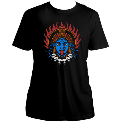 Black Rudra Roop Kali Maa T-shirt with blue face, flame aura, and skull garland by Garrari