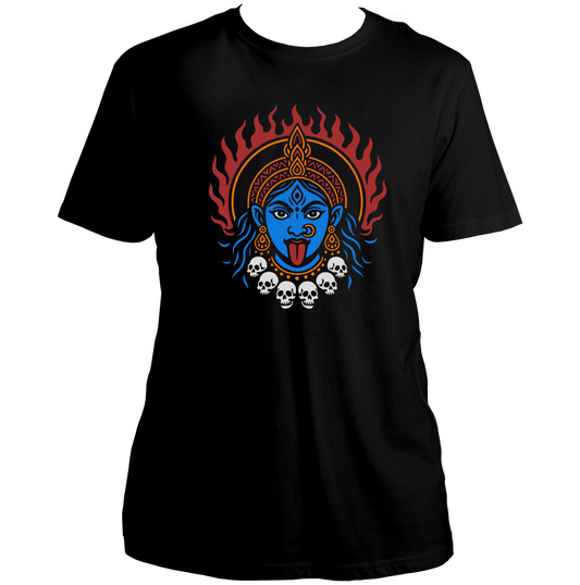 Black Rudra Roop Kali Maa T-shirt with blue face, flame aura, and skull garland by Garrari