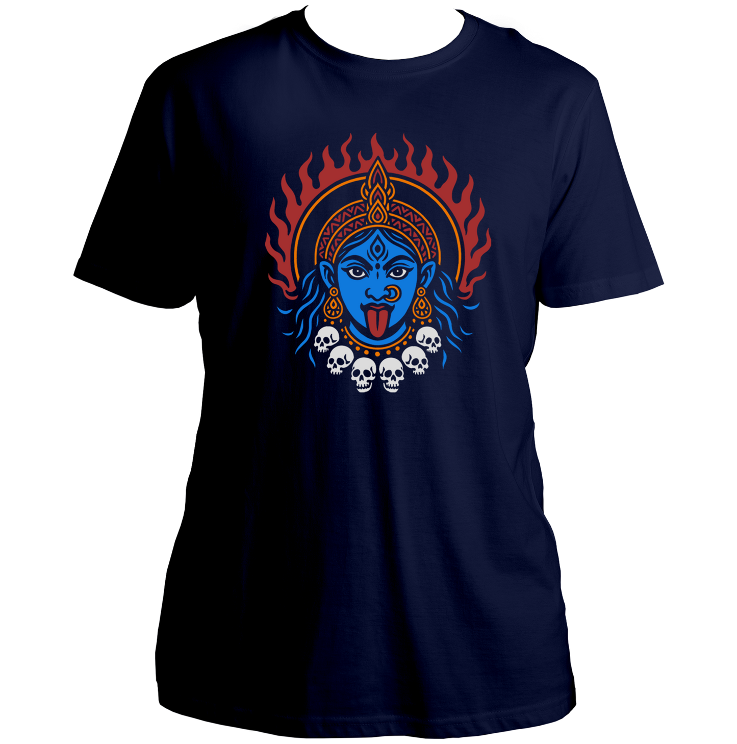Black Rudra Roop Kali Maa T-shirt with blue face, flame aura, and skull garland by Garrari