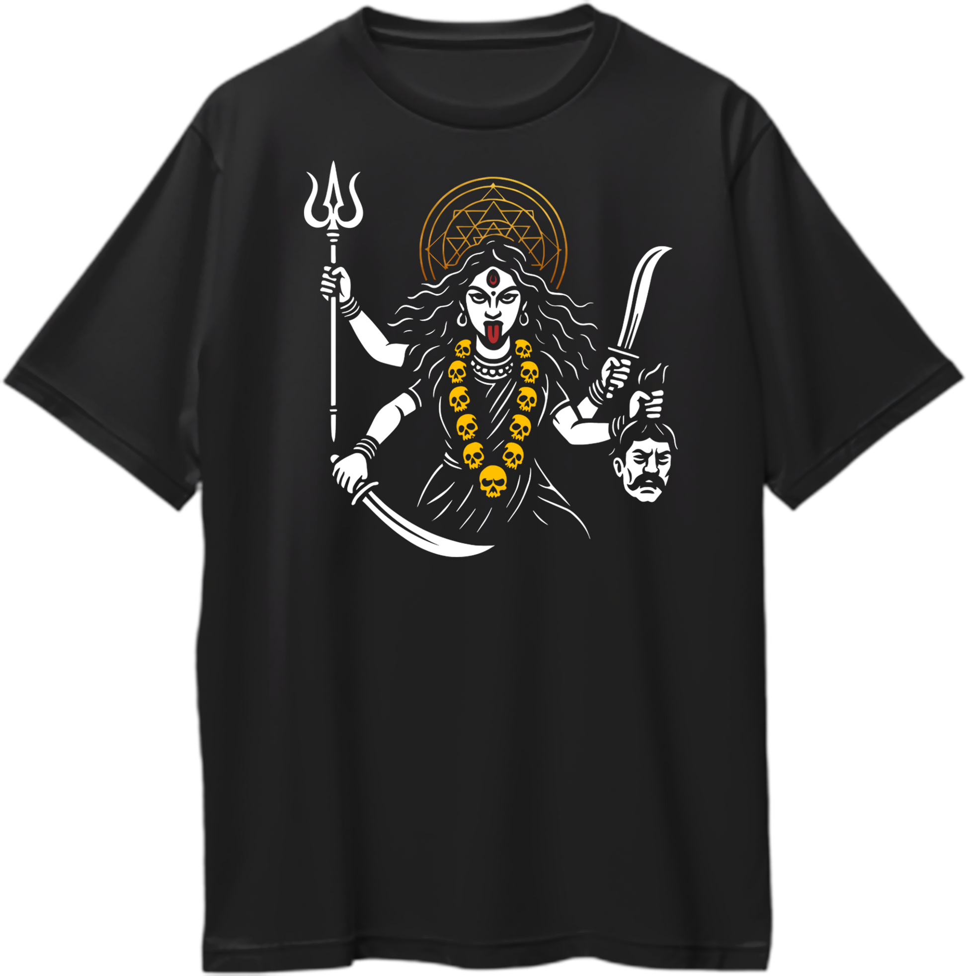 Black oversized unisex t-shirt featuring Goddess Kali Maa holding trishul, sword, and head of ego with reflective golden halo – Garrari Brand.