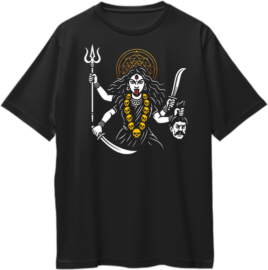 Black oversized unisex t-shirt featuring Goddess Kali Maa holding trishul, sword, and head of ego with reflective golden halo – Garrari Brand.