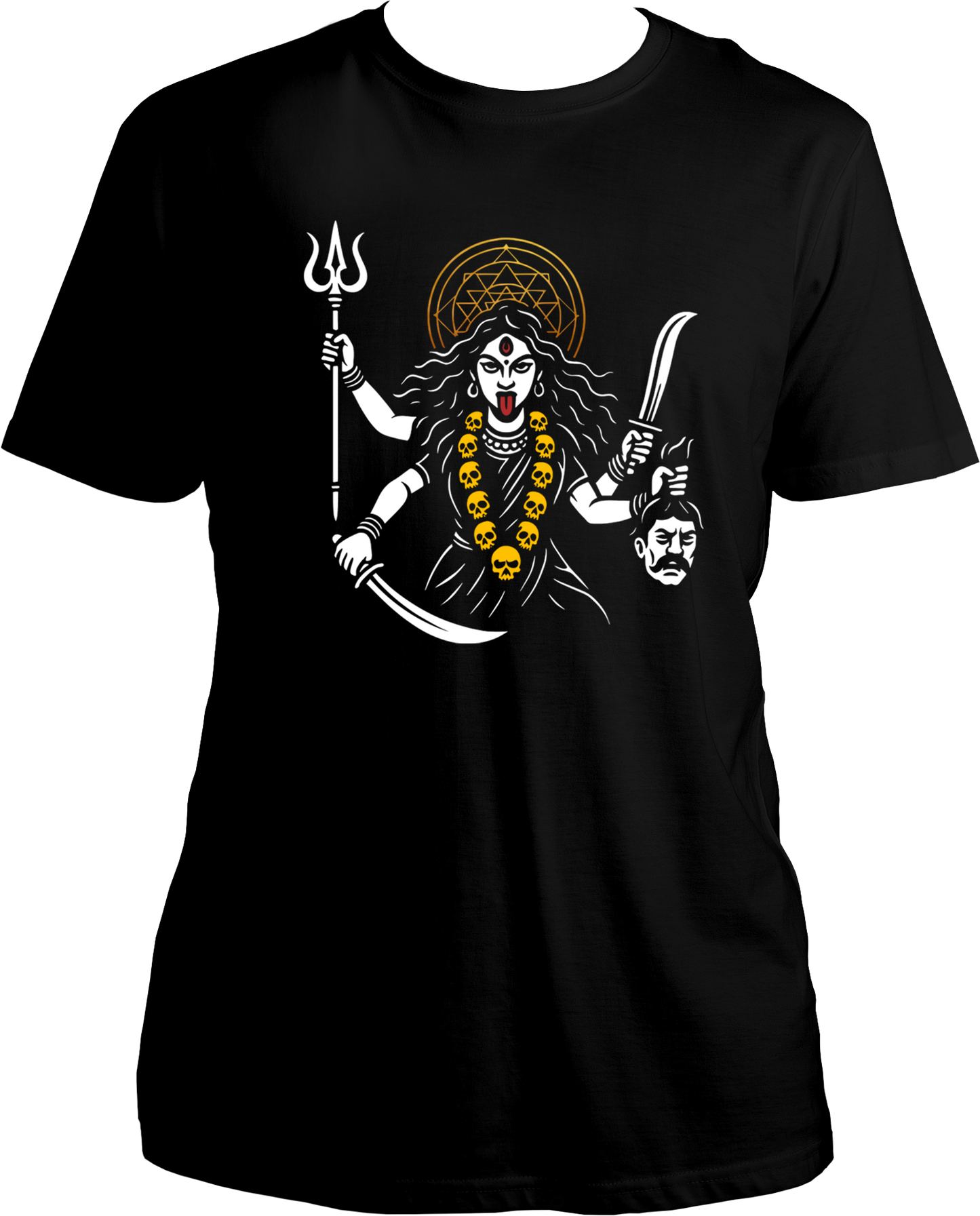 Black unisex cotton t-shirt featuring Goddess Kali Maa holding trishul, sword, and head of ego with reflective golden halo – Garrari Brand.
