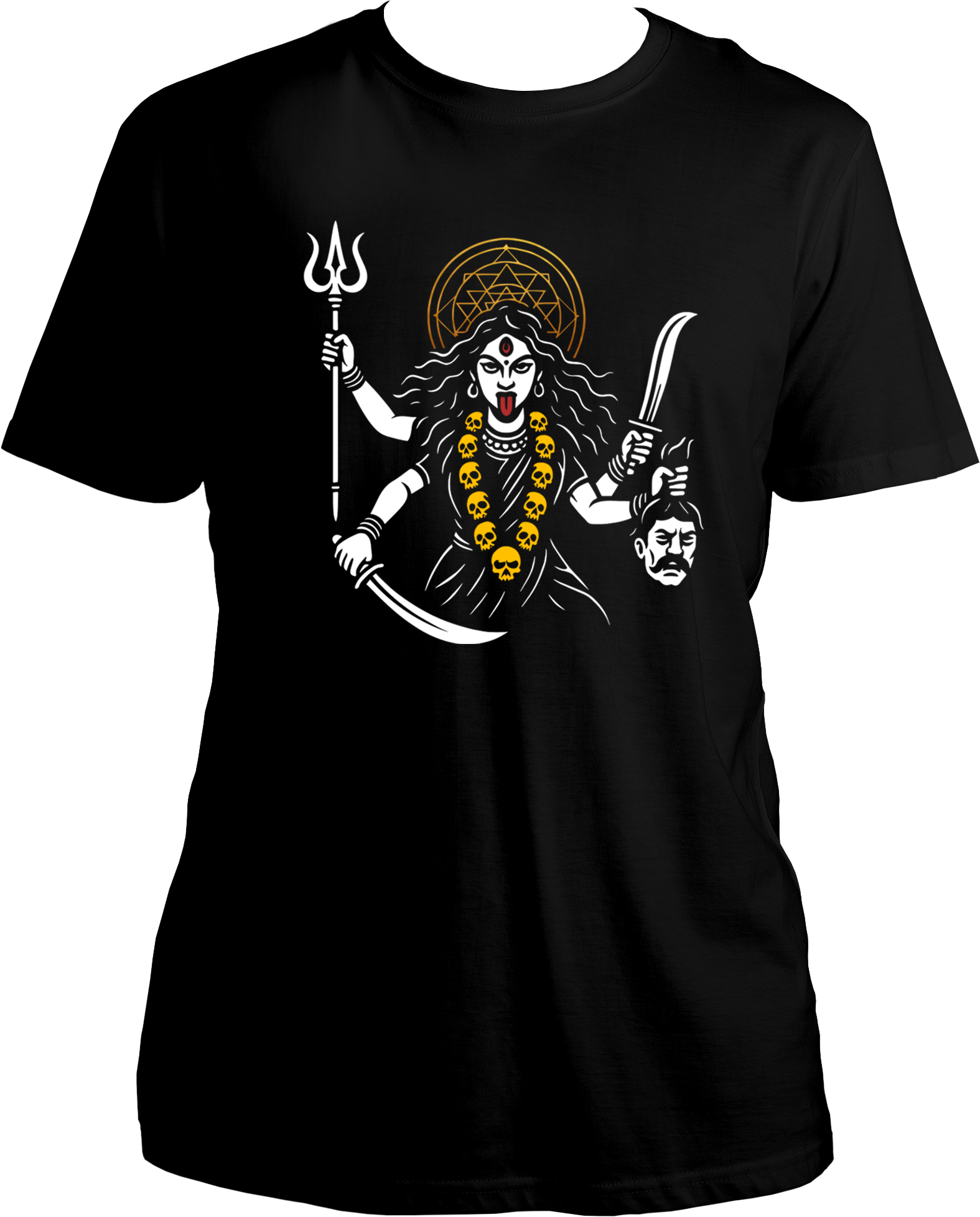 Black unisex cotton t-shirt featuring Goddess Kali Maa holding trishul, sword, and head of ego with reflective golden halo – Garrari Brand.