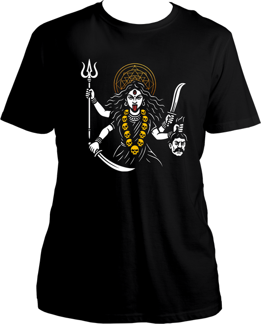 Black unisex cotton t-shirt featuring Goddess Kali Maa holding trishul, sword, and head of ego with reflective golden halo – Garrari Brand.