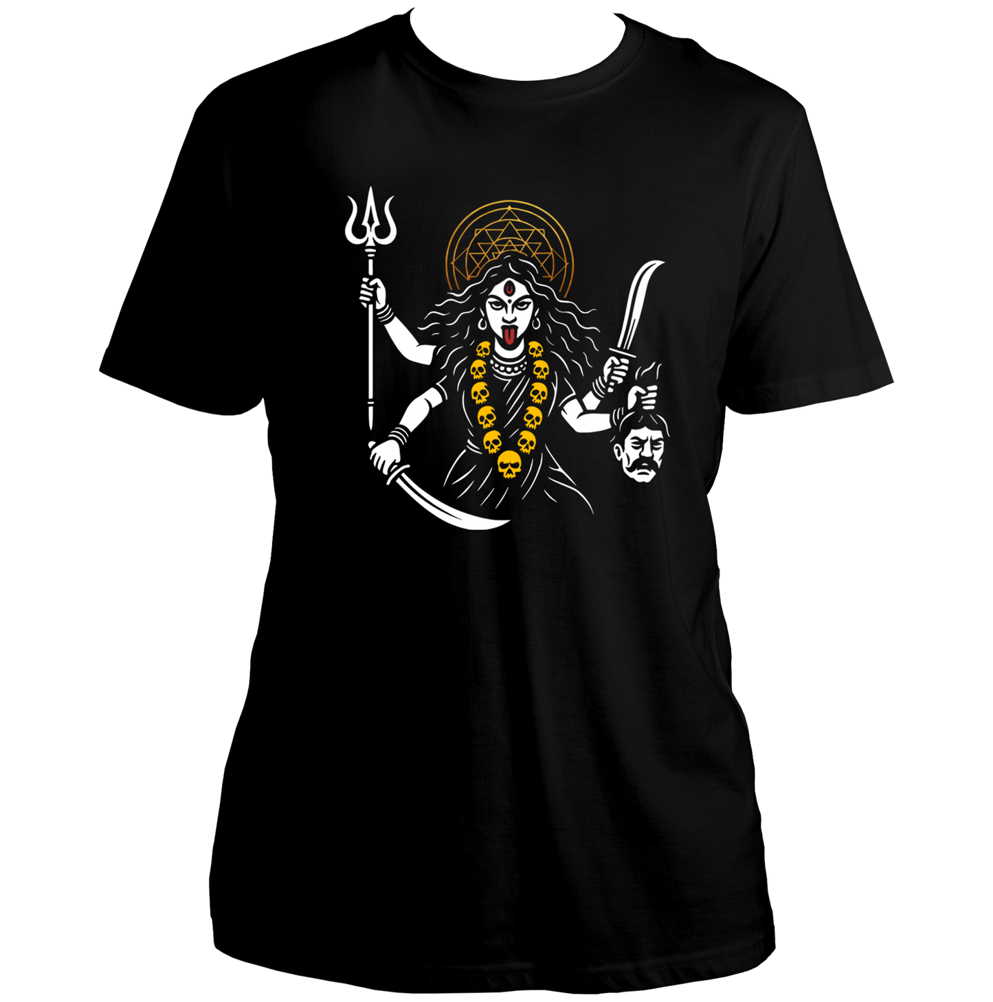 Black Mahashakti Kali Maa T-shirt with trishul, sword, skull mala, and golden halo by Garrari