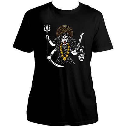 Black Mahashakti Kali Maa T-shirt with trishul, sword, skull mala, and golden halo by Garrari