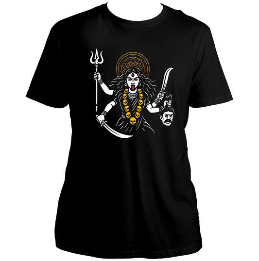 Black Mahashakti Kali Maa T-shirt with trishul, sword, skull mala, and golden halo by Garrari