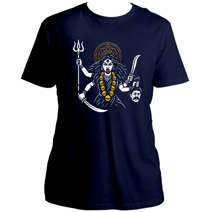 Navy Blue Mahashakti Kali Maa T-shirt with devotional Shakti artwork and golden halo by Garrari