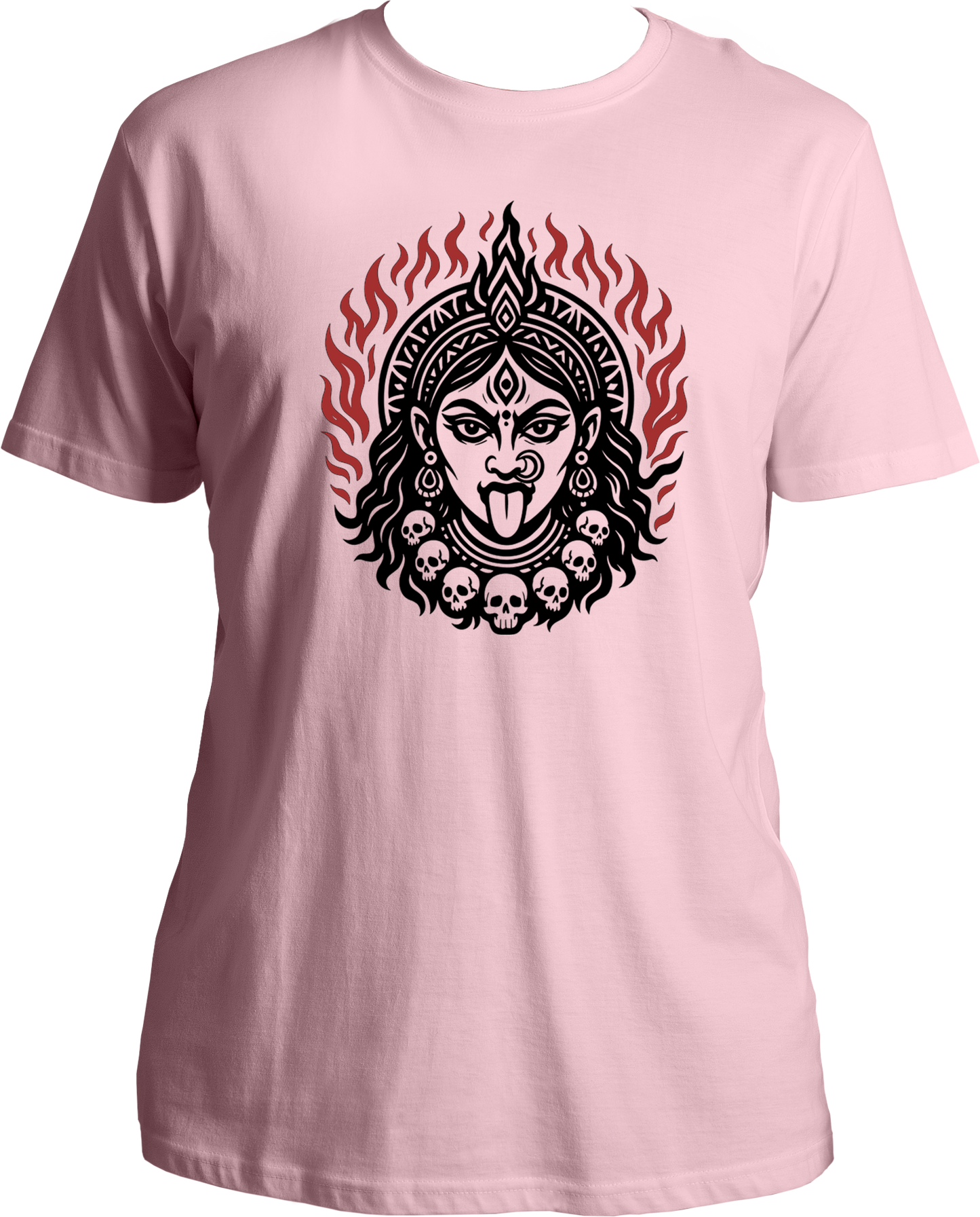 Pink unisex cotton t-shirt featuring Goddess Kali Maa face with sacred flames and skull garland — symbol of divine light and strength – Garrari Brand.