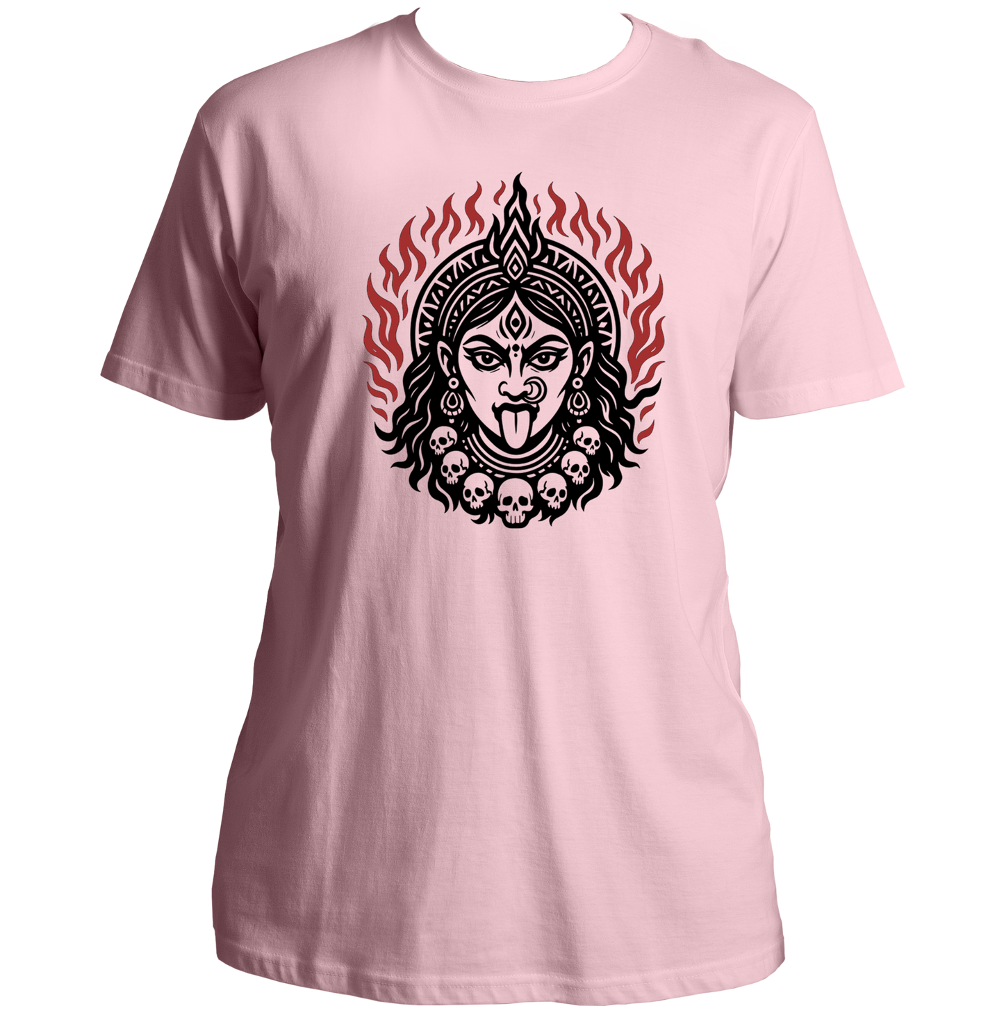 Baby Pink Jyoti Roop Kali Maa T-shirt with Kali Maa face artwork and sacred flames by Garrari