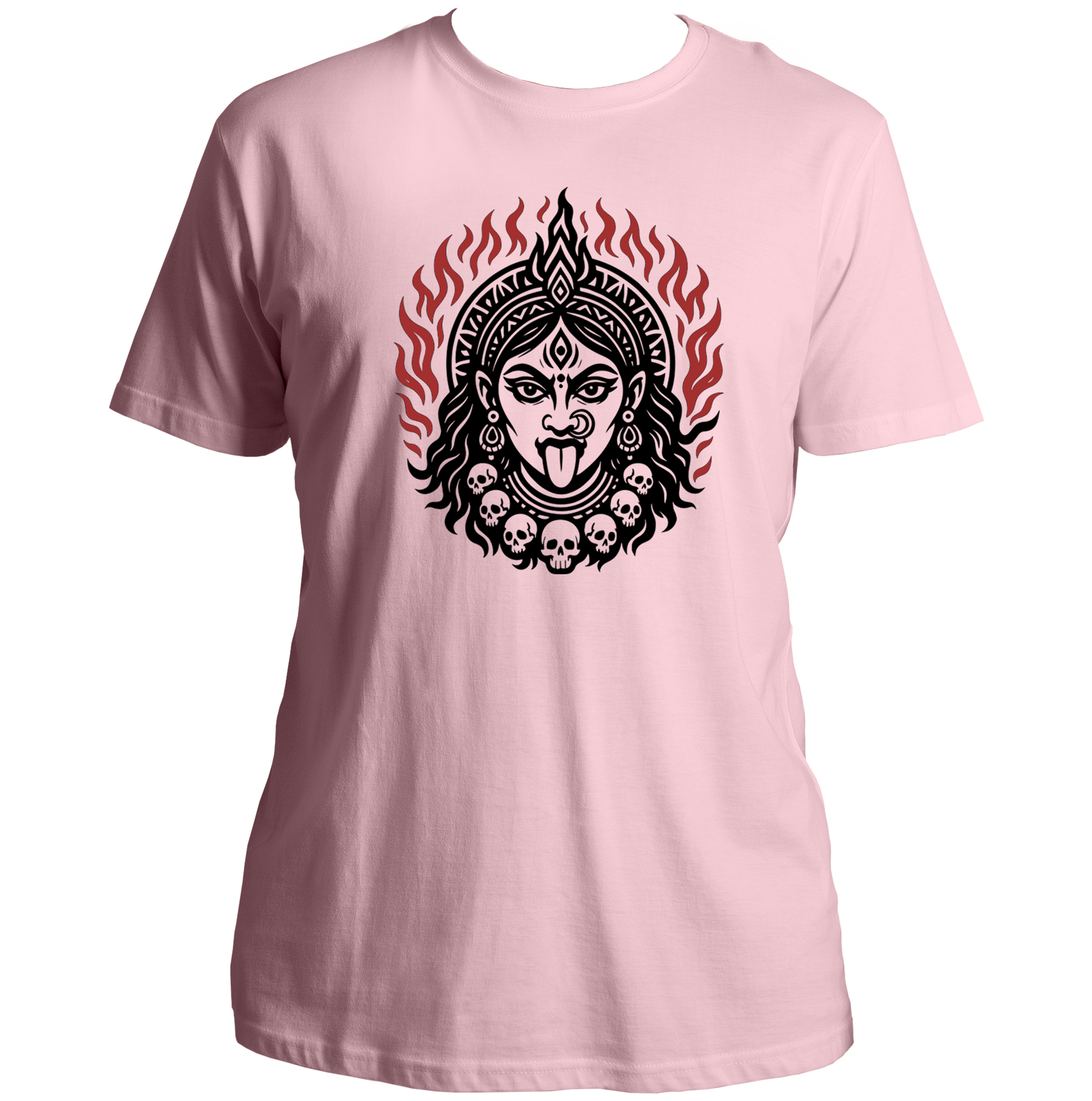 Baby Pink Jyoti Roop Kali Maa T-shirt with Kali Maa face artwork and sacred flames by Garrari
