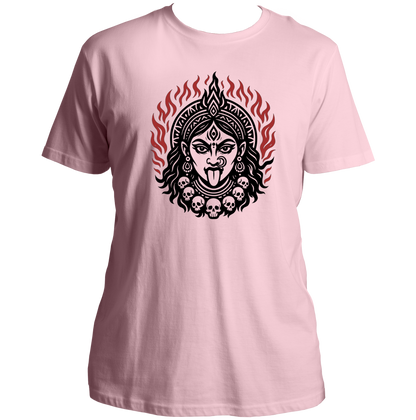 Baby Pink Jyoti Roop Kali Maa T-shirt with Kali Maa face artwork and sacred flames by Garrari