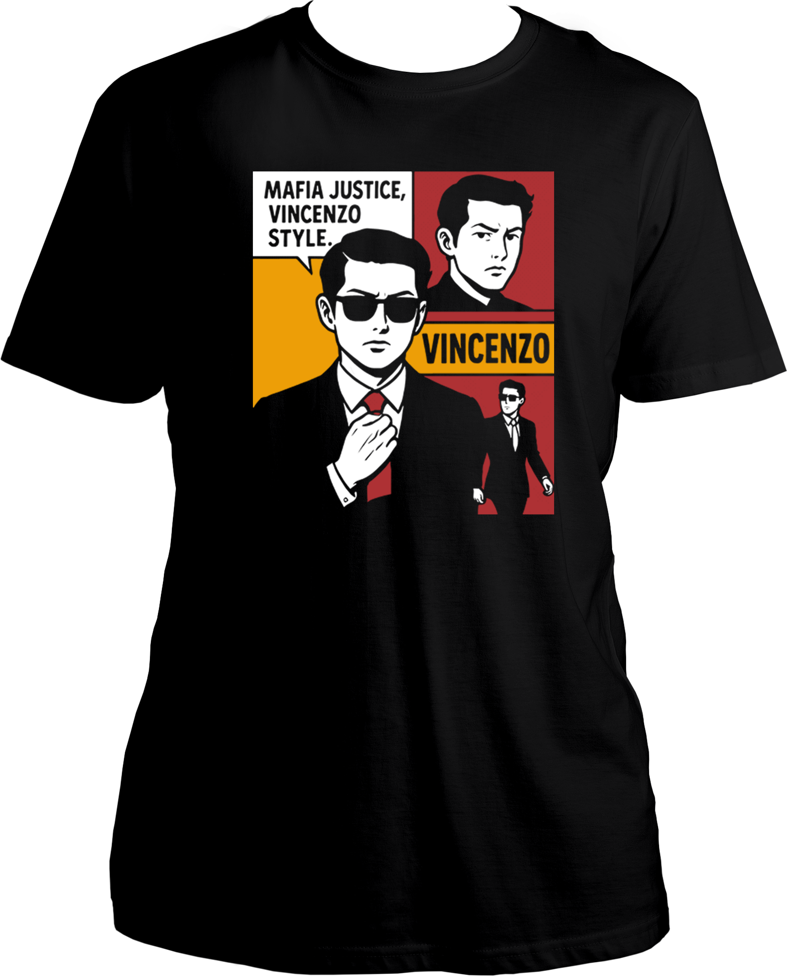 Regular fit Vincenzo unisex T-shirt with mafia justice quote and character print