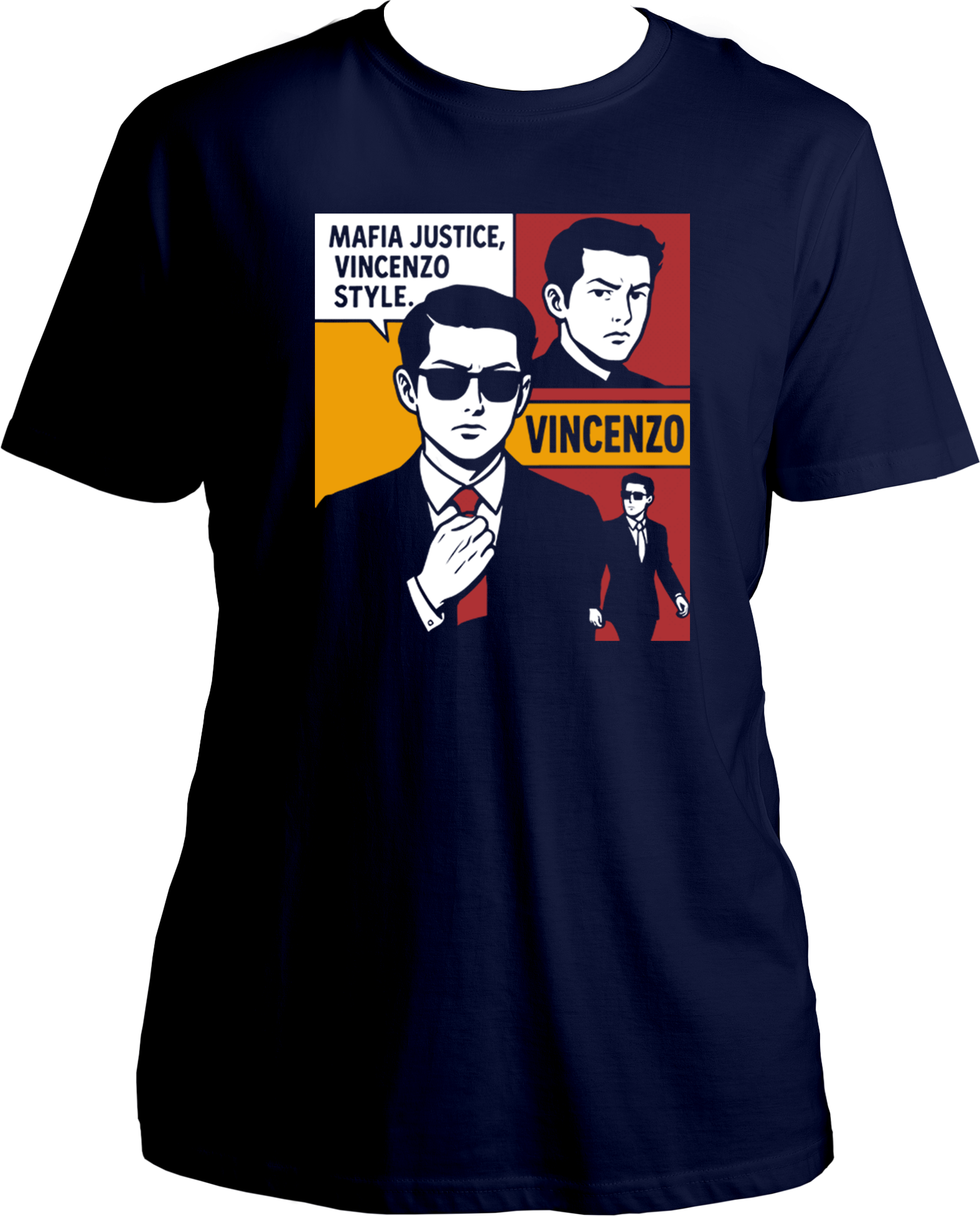 Regular fit Vincenzo unisex T-shirt with mafia justice quote and character print