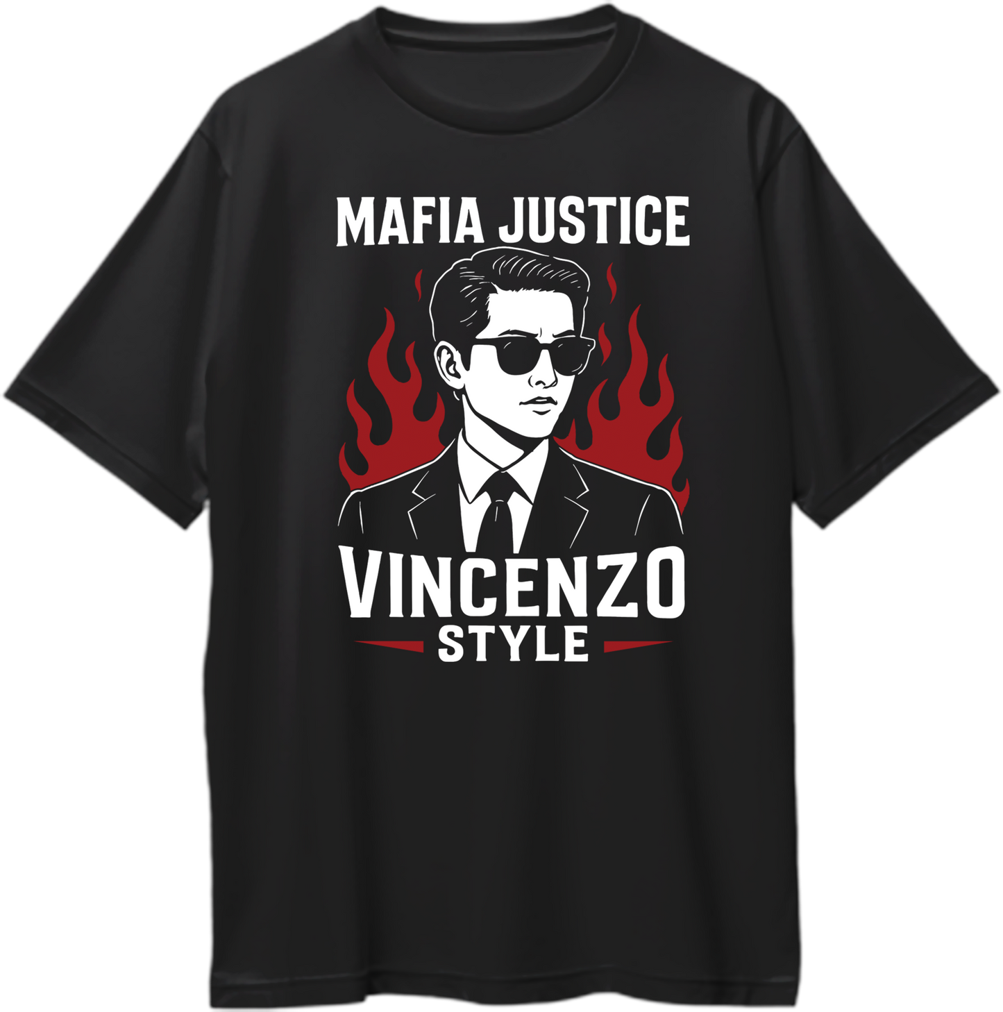 Oversized unisex Vincenzo mafia-style T-shirt with flaming background design in cotton