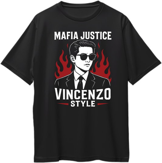 Oversized unisex Vincenzo mafia-style T-shirt with flaming background design in cotton