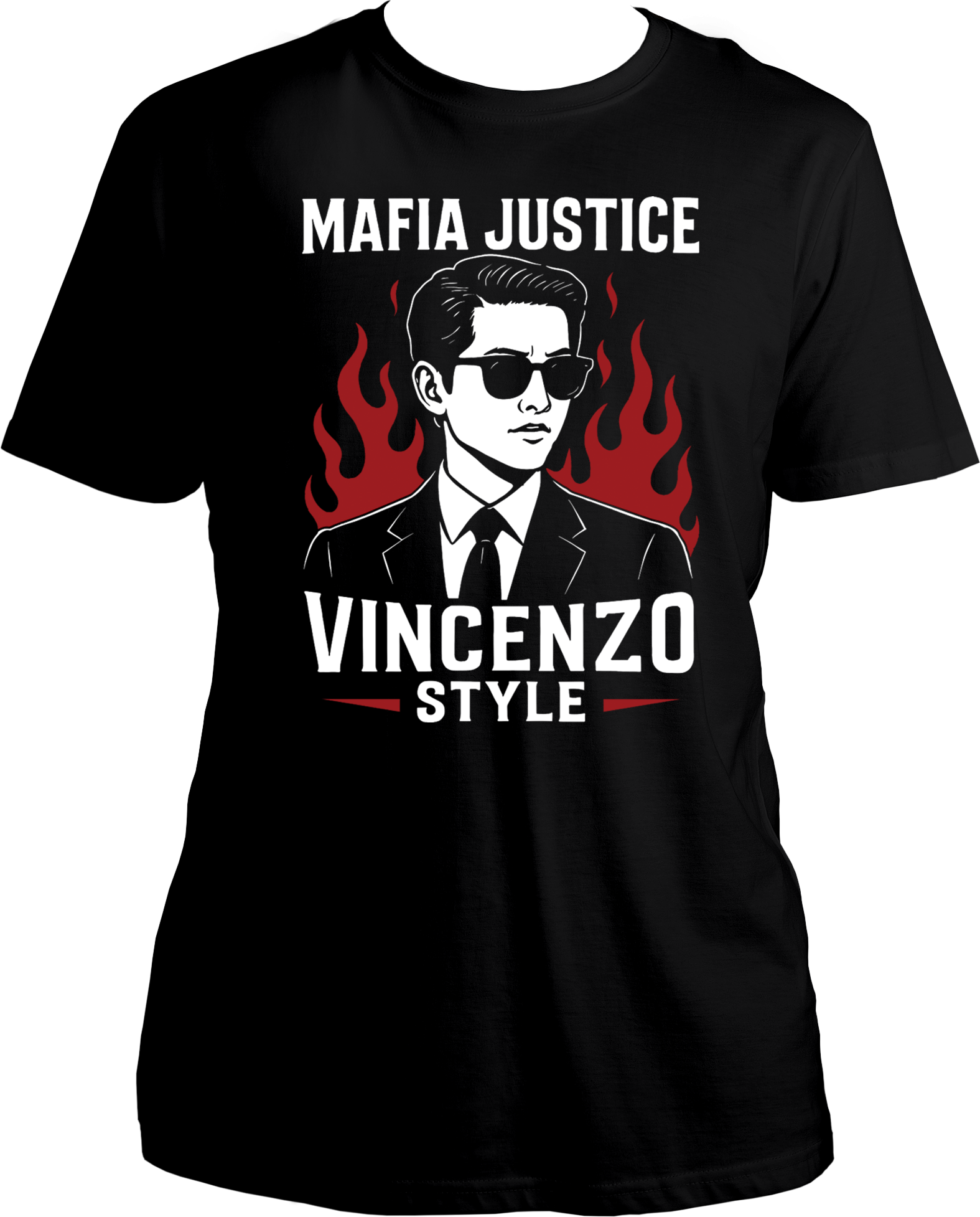 Regular fit unisex Vincenzo T-shirt with mafia justice flame design in Korean drama style