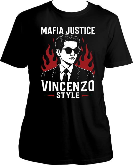 Regular fit unisex Vincenzo T-shirt with mafia justice flame design in Korean drama style