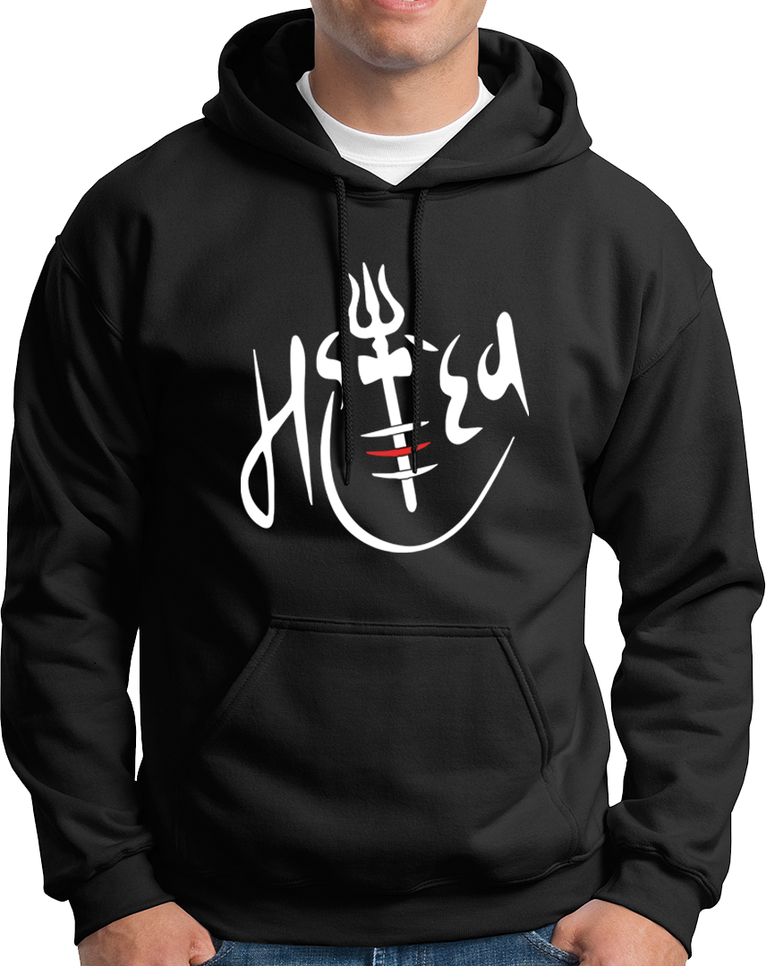 Black Mahadev hoodie with trishul, tripund tilak, and red tilak artwork by Garrari