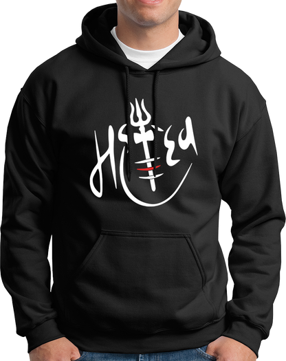 Black Mahadev hoodie with trishul, tripund tilak, and red tilak artwork by Garrari