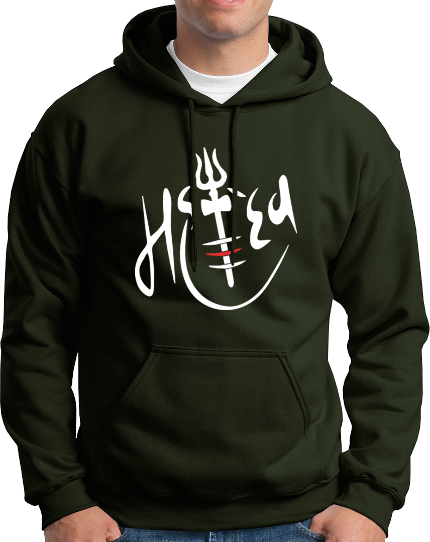 Olive Green Mahadev hoodie with trishul and tripund tilak artwork by Garrari