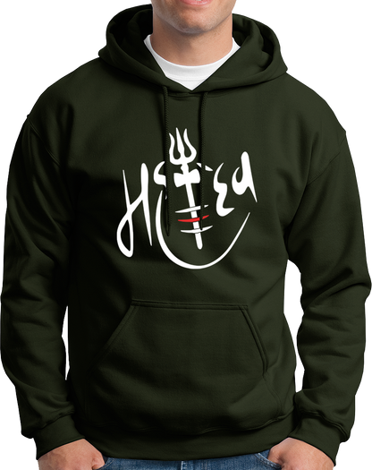 Olive Green Mahadev hoodie with trishul and tripund tilak artwork by Garrari