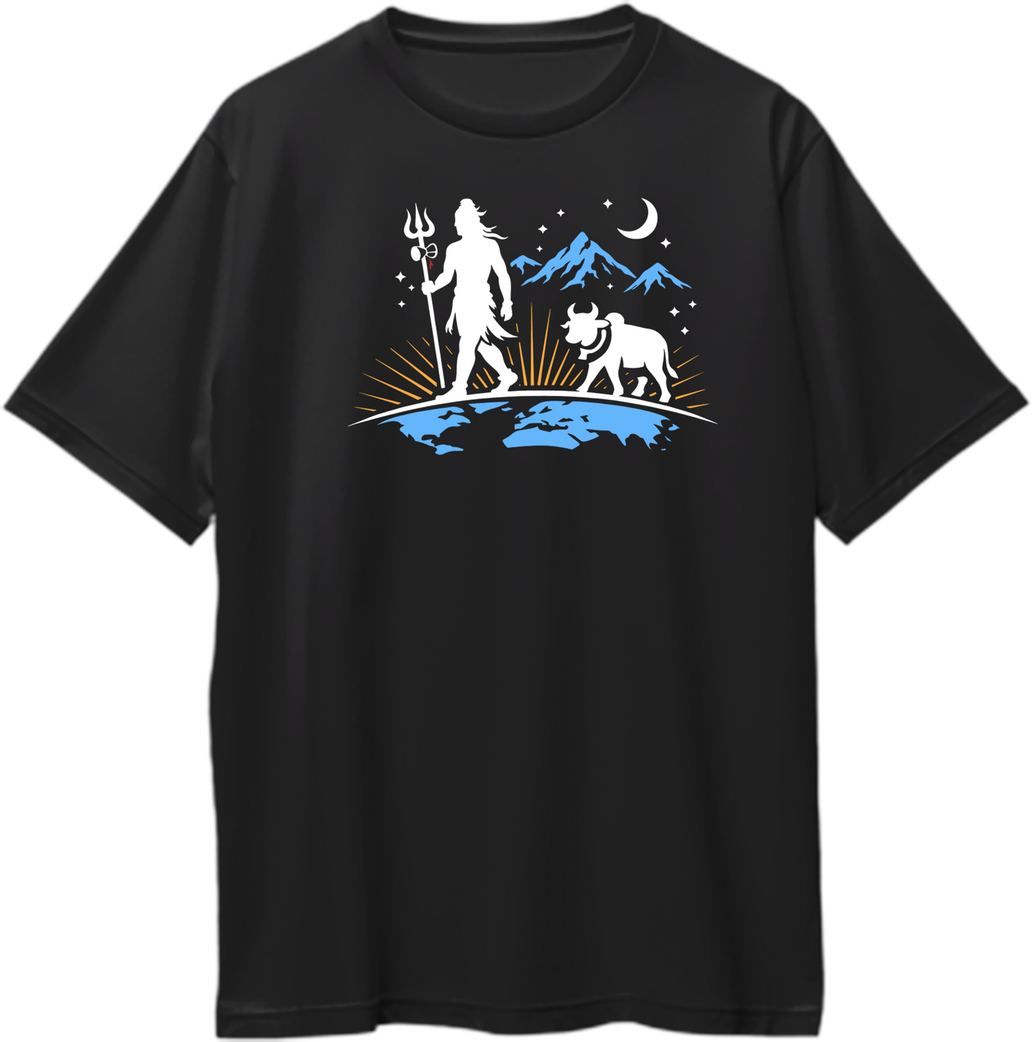Black Mahadev Nandi Eternal Walk oversized T-shirt with Lord Shiva, Nandi, mountain sky, and crescent moon artwork by Garrari