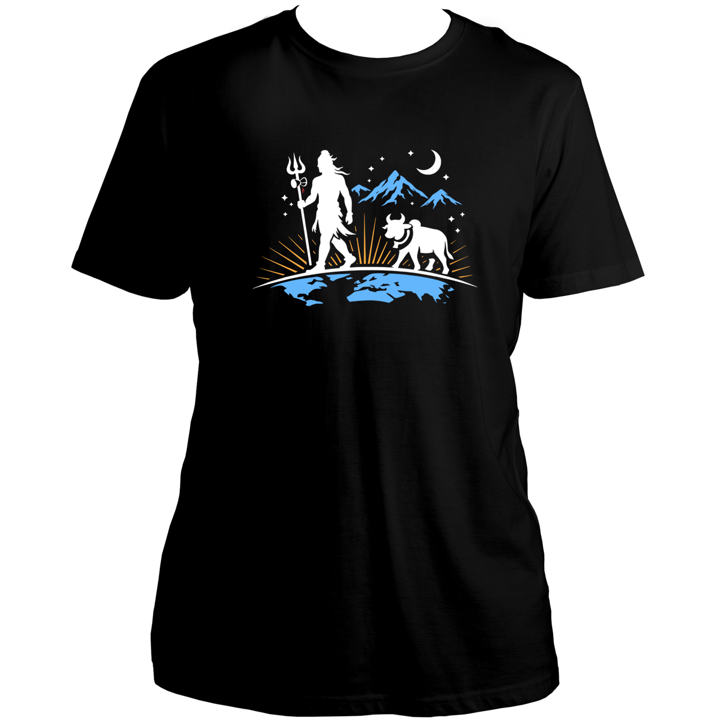 Black Mahadev Nandi Eternal Walk T-shirt with Lord Shiva, Nandi, mountains, and crescent moon artwork by Garrari