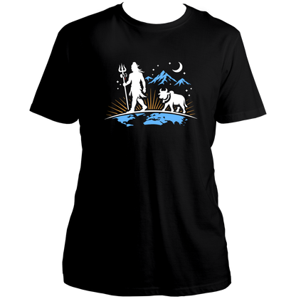 Black Mahadev Nandi Eternal Walk T-shirt with Lord Shiva, Nandi, mountains, and crescent moon artwork by Garrari