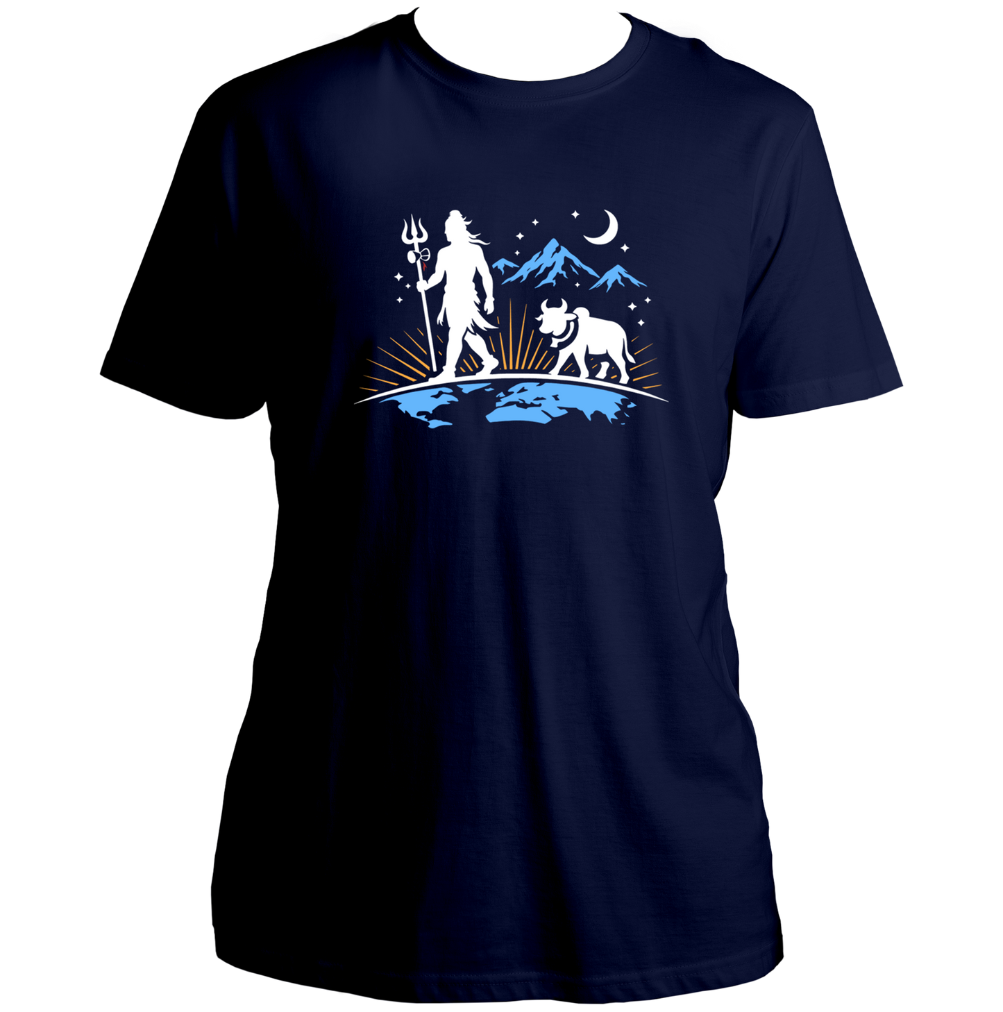 Navy Blue Mahadev Nandi Eternal Walk T-shirt with Shiv Ji, Nandi, stars, and mountain sky artwork by Garrari