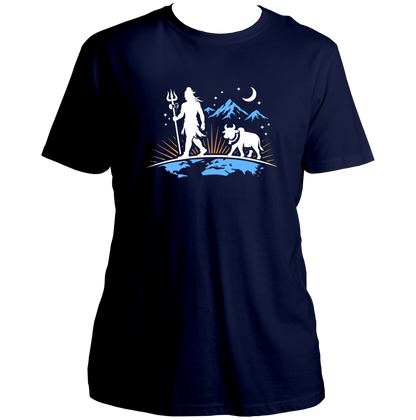 Navy Blue Mahadev Nandi Eternal Walk T-shirt with Shiv Ji, Nandi, stars, and mountain sky artwork by Garrari