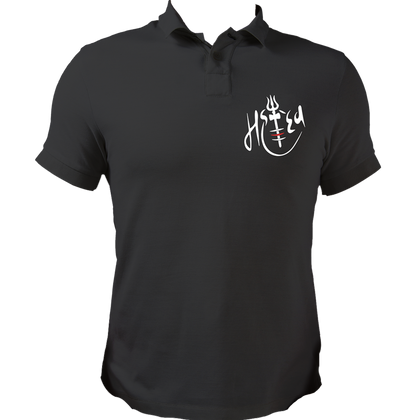 Black Mahadev polo T-shirt with Shiv Ji calligraphy artwork by Garrari
