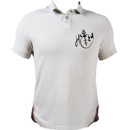 White Mahadev polo T-shirt with trishul and tripund tilak chest print by Garrari