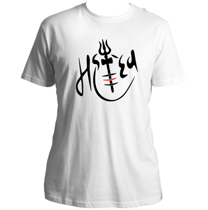 White Mahadev T-shirt with trishul, tripund tilak, and red tilak artwork by Garrari