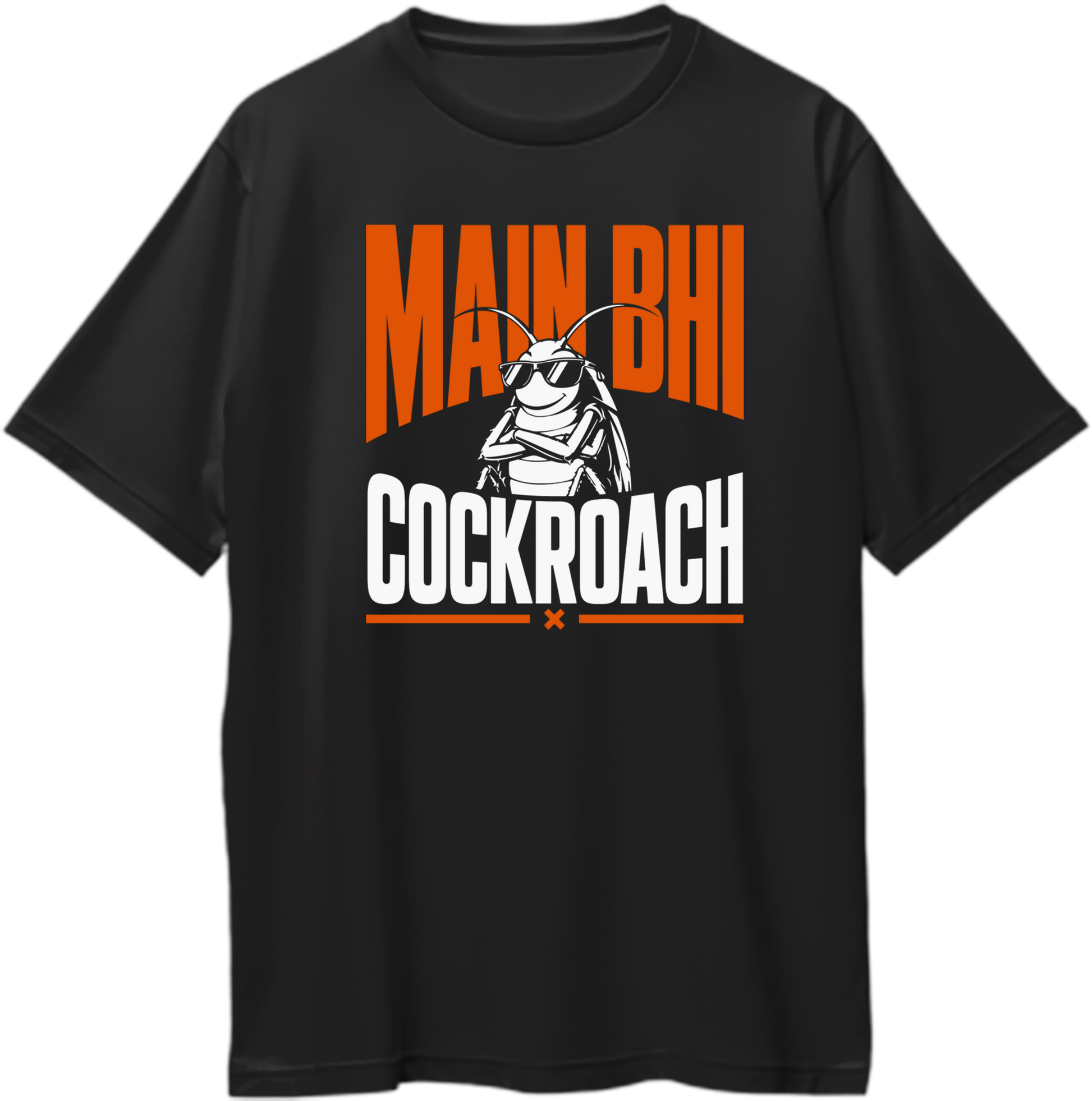 Main Bhi Cockroach oversized black T-shirt with orange and white graphic and sunglasses cockroach by Garrari